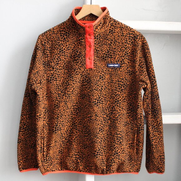 Lands' End Sweaters - Lands' End Leopard Print Snap Neck Heritage Fleece Pullover Sweater Size Small